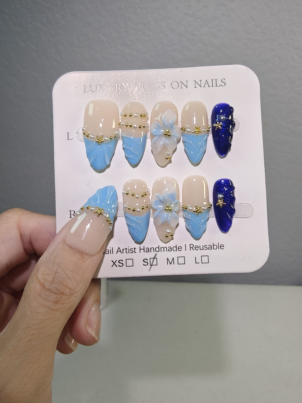 Handmade Blue Floral Medium Almond Press On Nails Reusable Luxury Style